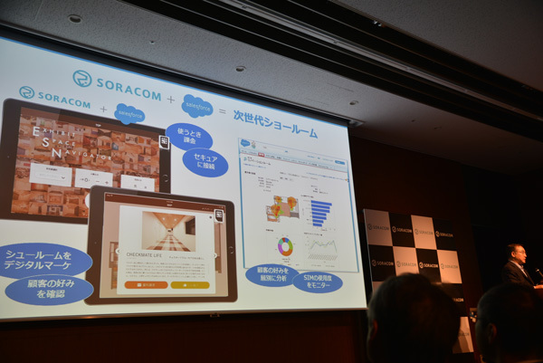 マンションのショールームに設置したセンサーデバイスとSORACOMのSIMを入れたタブレットからの情報をクラウド上で処理し、訪れた顧客の興味に合わせた情報を表示するサービスを紹介。