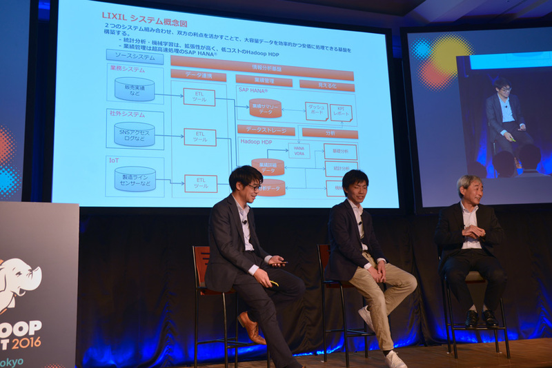 2日目のパネルディスカッションで紹介されたLIXILグループのシステム図、パネルのメンバーは右からLIXIL菖蒲氏、Yahoo! Japan Data Platform Division VP 日比野哲也氏、モデレータを務めたホートンワークスジャパン株式会社 マーケティングディレクター 北瀬公彦氏