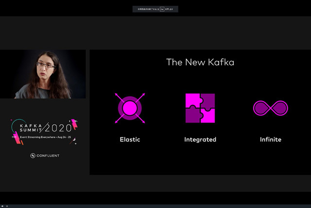 シャピラ氏がキーノートの最後に示した「新生Kafka」を支える3つの要素はElastic（弾力性）、Integreated（統合）、Infinite（制限なし）。クラウドネイティブを前提とした進化をしていくことを示している